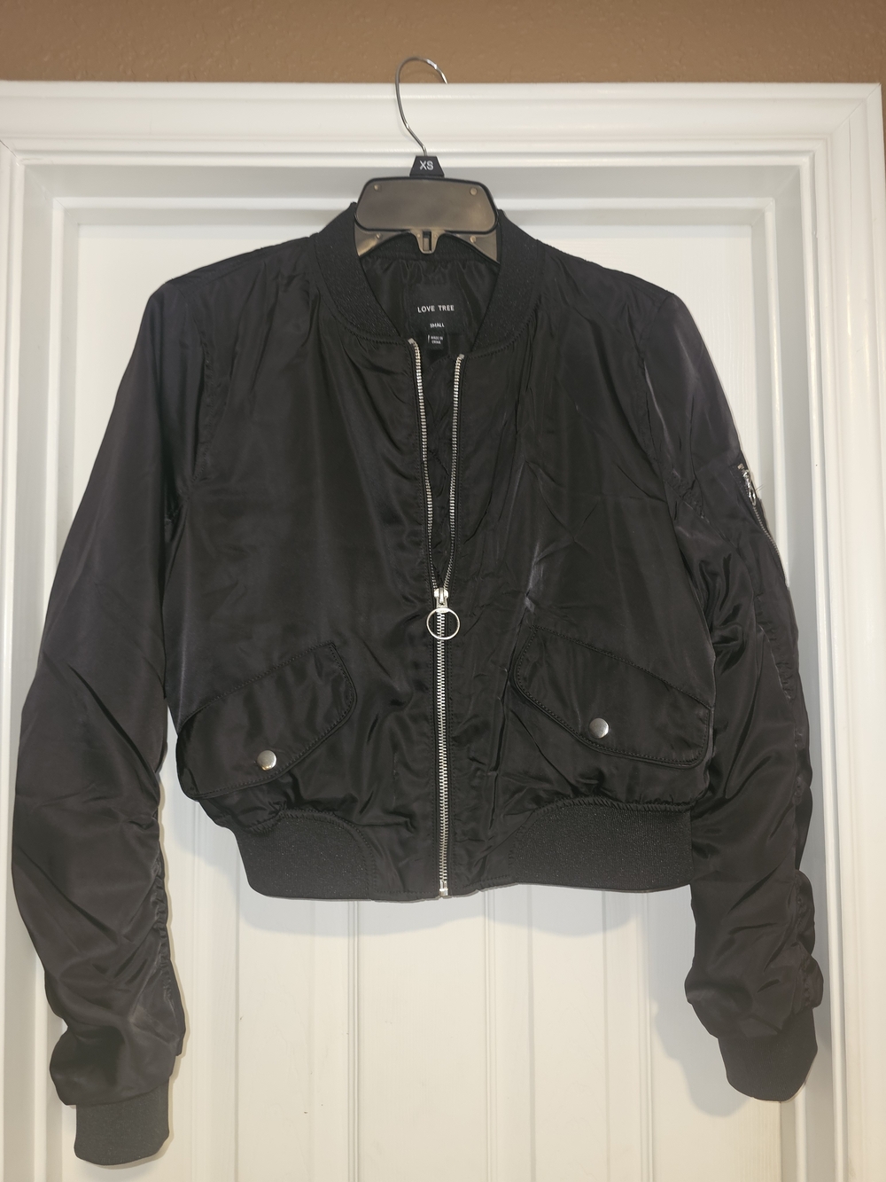 Love Tree Black Cropped Bomber Jacket with Ring Zip